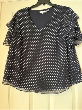 Calvin Klein Navy and White Polka Dot V-Neck Ruffle Sleeve Top